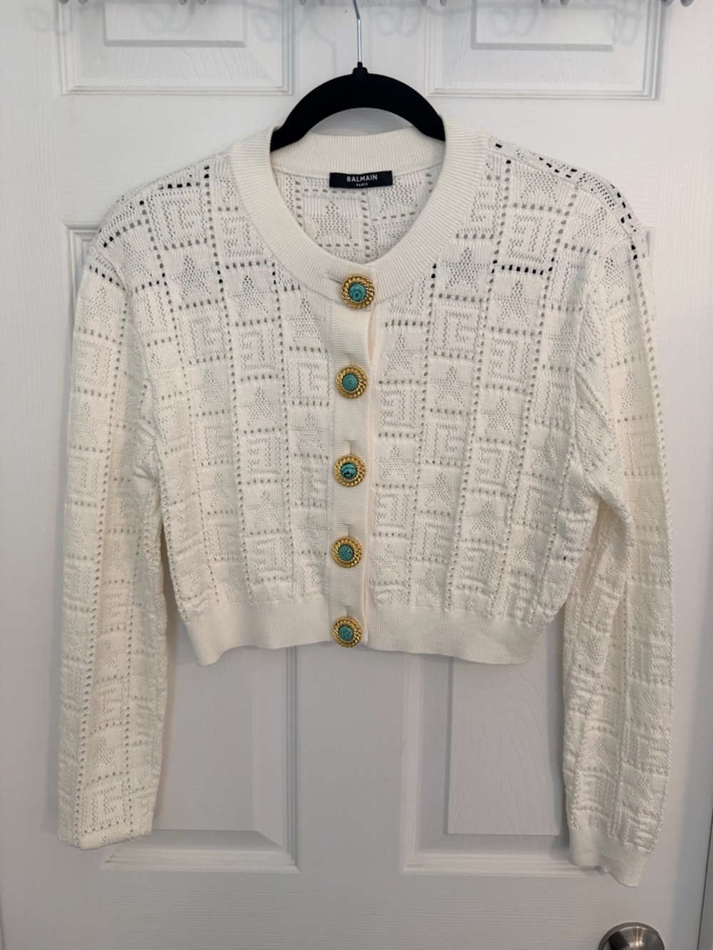 Balmain Cream Openwork Cropped Cardigan with Turquoise-Accent Buttons